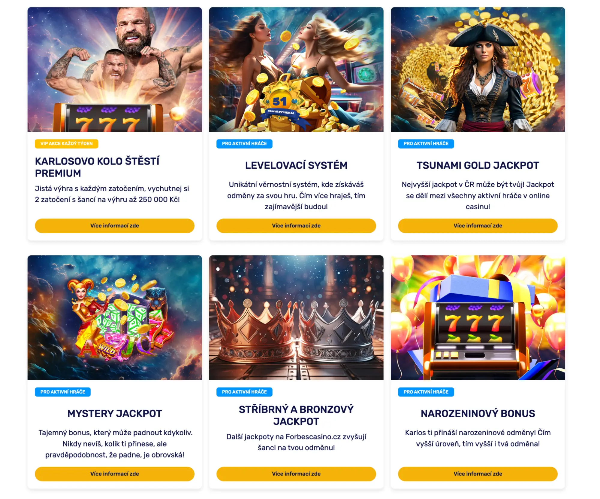 Forbes Casino — Akce a jackpoty (Karlosovo kolo štěstí, Mystery, Tsunami Gold). Přehled promo akcí Forbes Casino — Karlosovo kolo štěstí Premium, Levelovací systém, Tsunami Gold Jackpot, Mystery Jackpot, Stříbrný a bronzový jackpot, Narozeninový bonus.